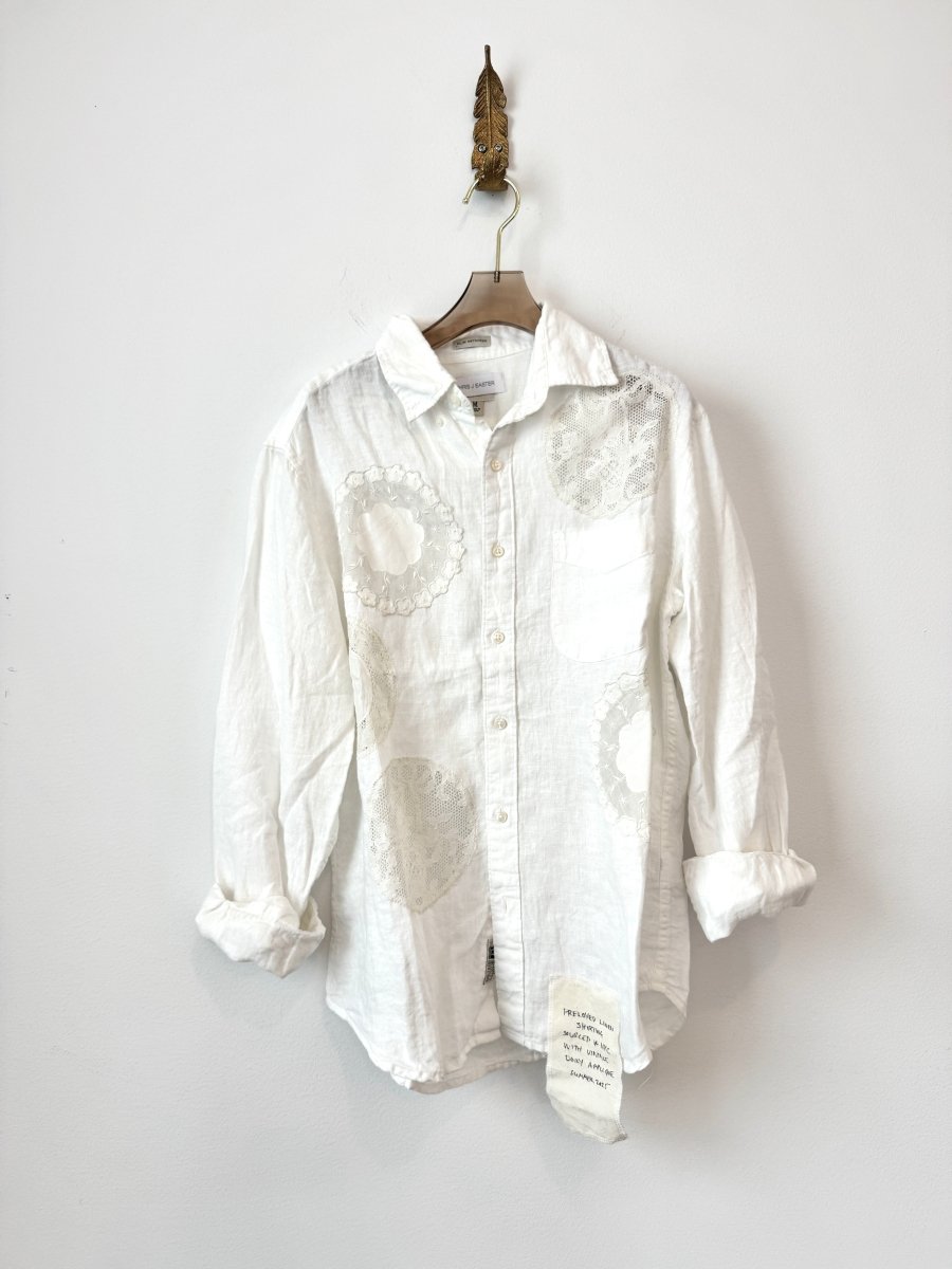 White Linen Dollie Applique Button Down | Lace Vase (Reworked) - Made X Hudson