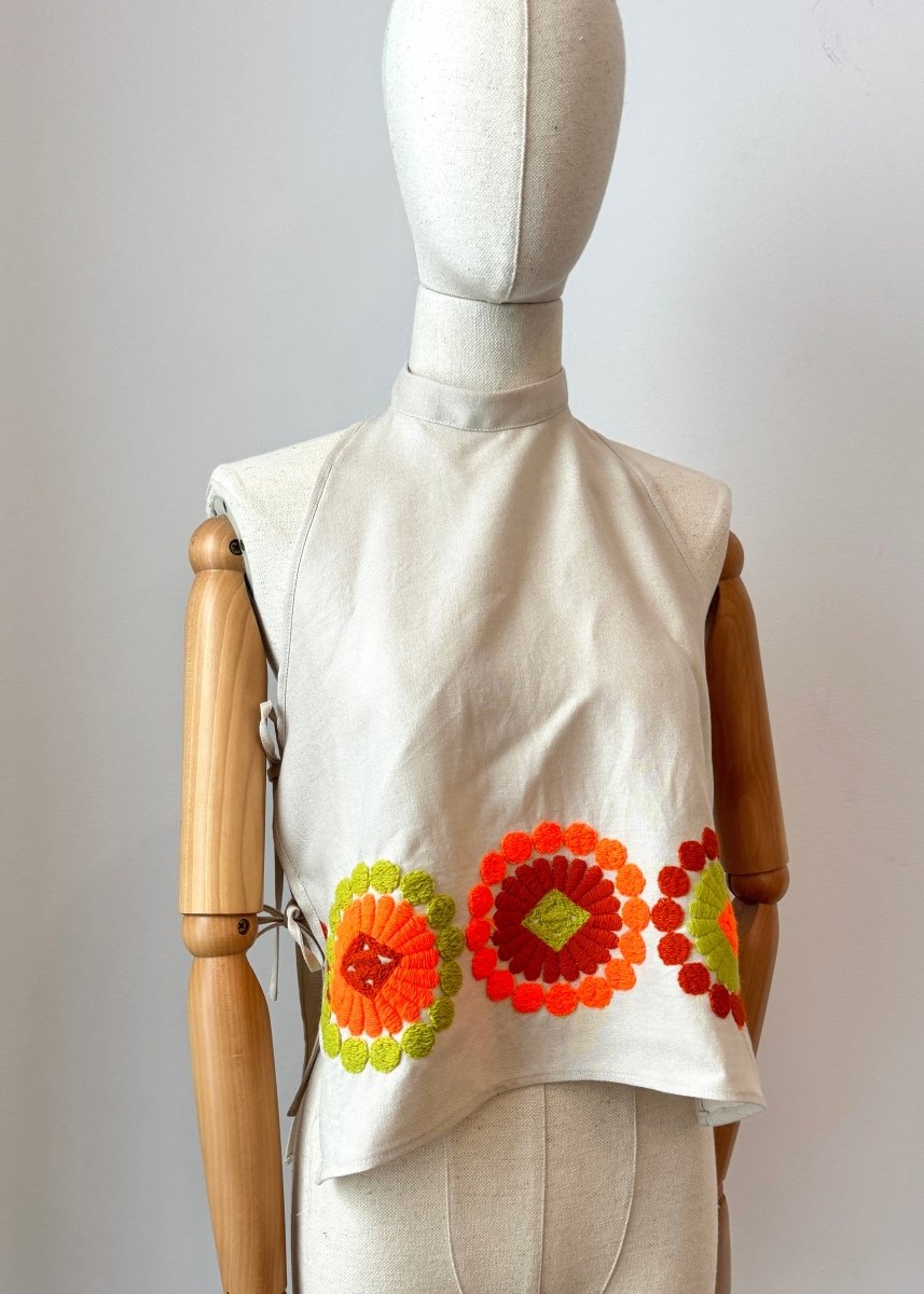 Neon Orange & Green Retro Floral Embroidered Halter Top (Reworked) - Made X Hudson