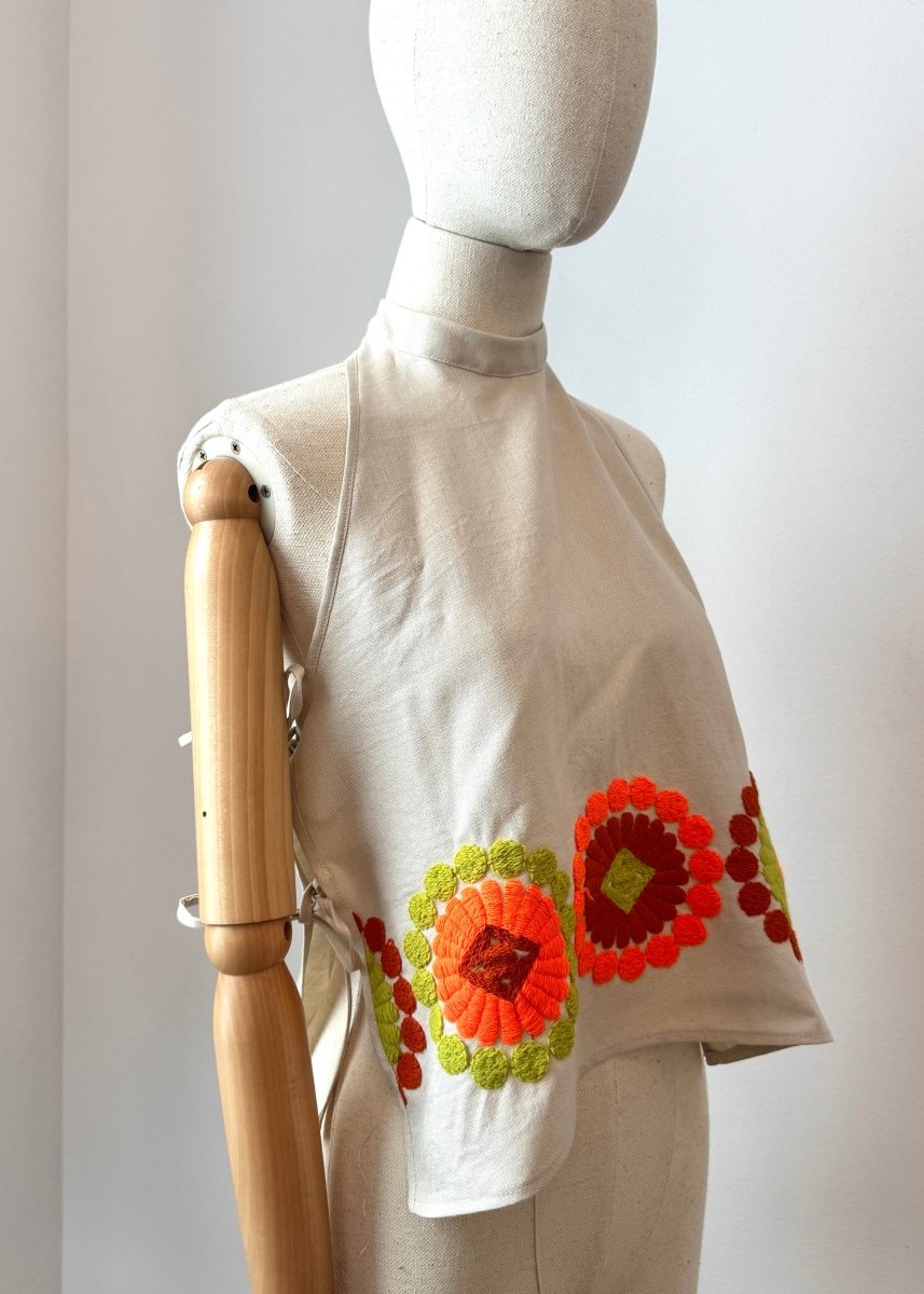 Neon Orange & Green Retro Floral Embroidered Halter Top (Reworked) - Made X Hudson