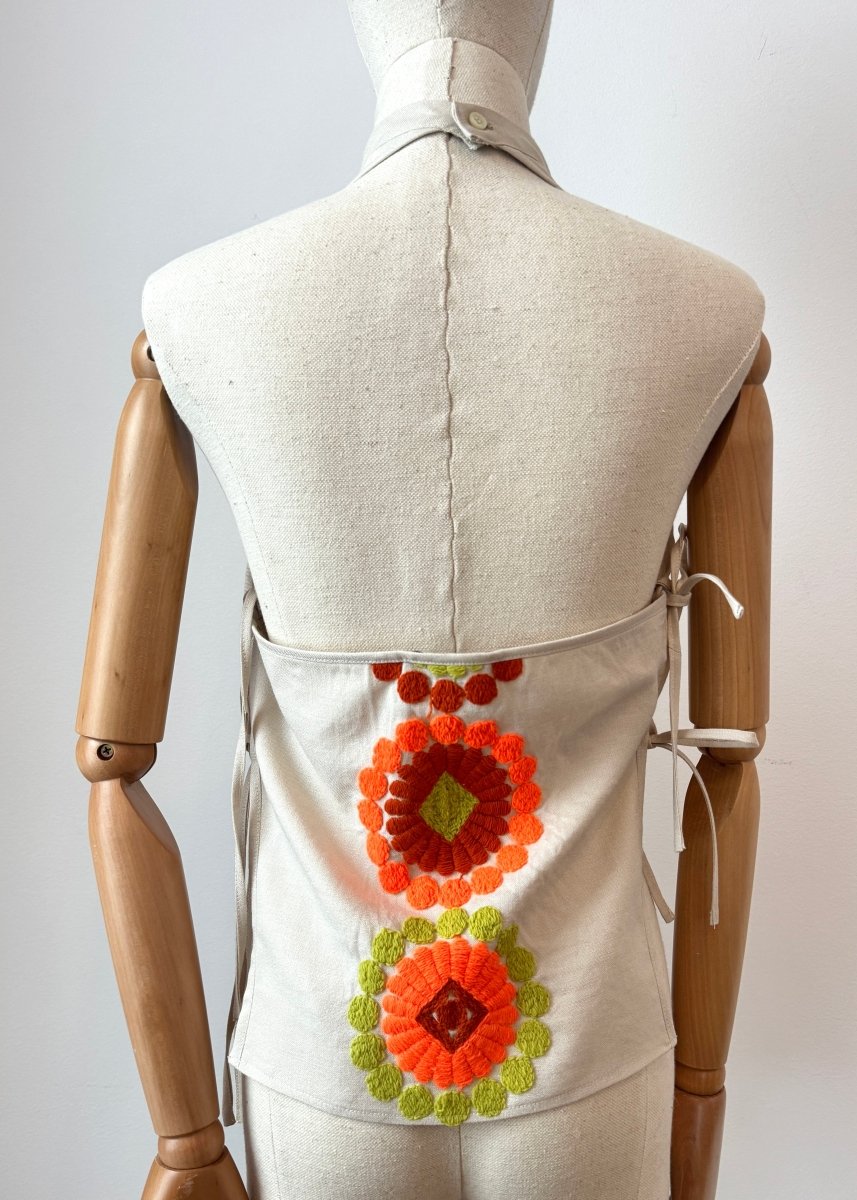 Neon Orange & Green Retro Floral Embroidered Halter Top (Reworked) - Made X Hudson