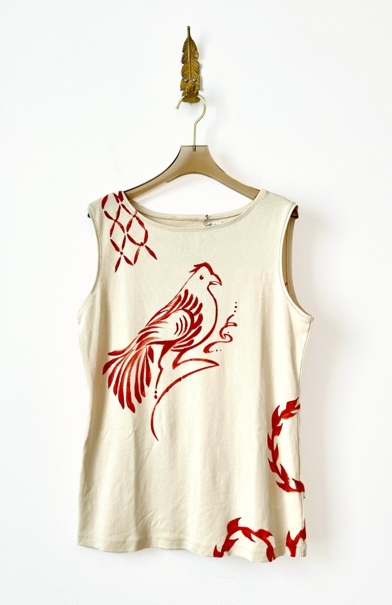 Ivory and Crimson Folk Bird Tank | Hand Painted (Reworked) - Made X Hudson