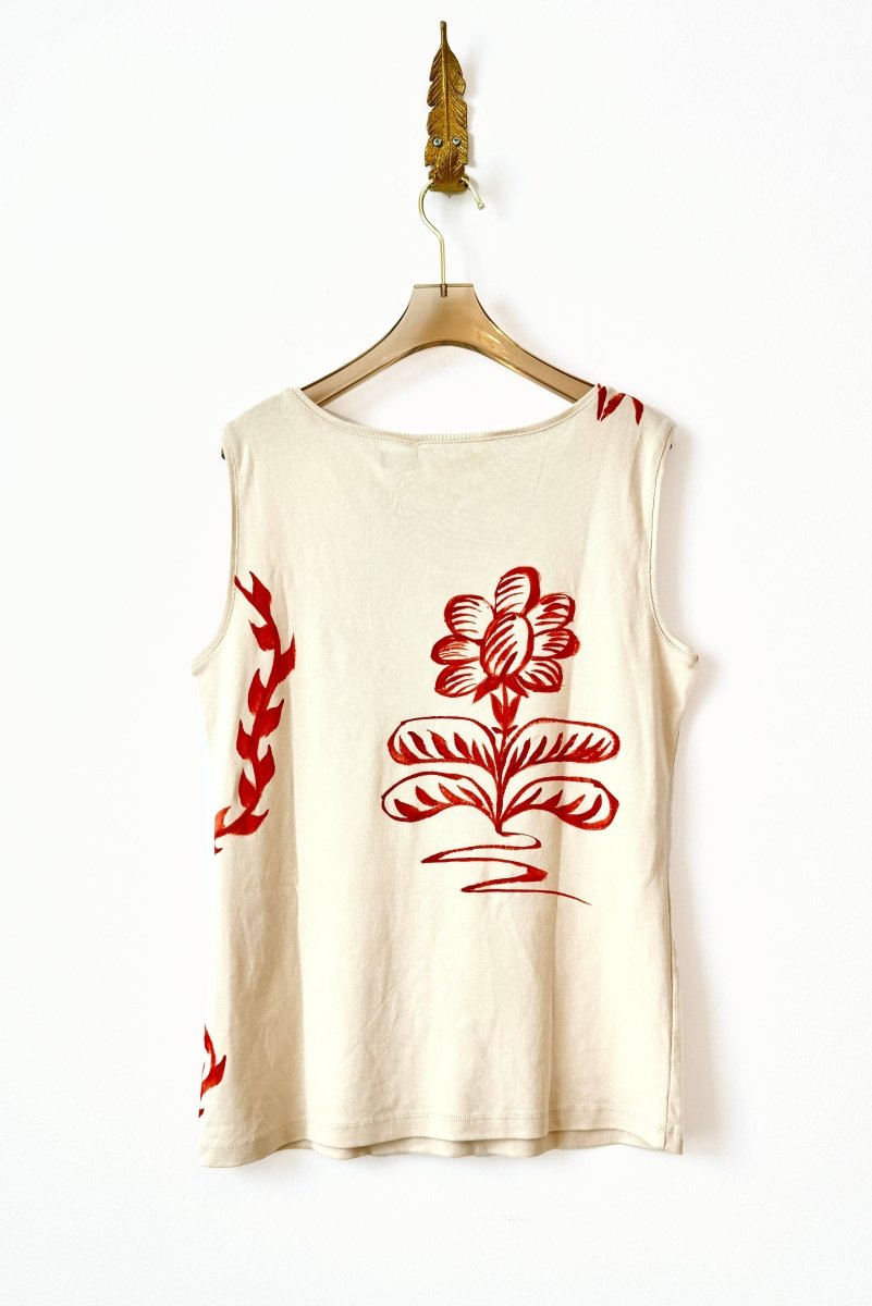 Ivory and Crimson Folk Bird Tank | Hand Painted (Reworked) - Made X Hudson