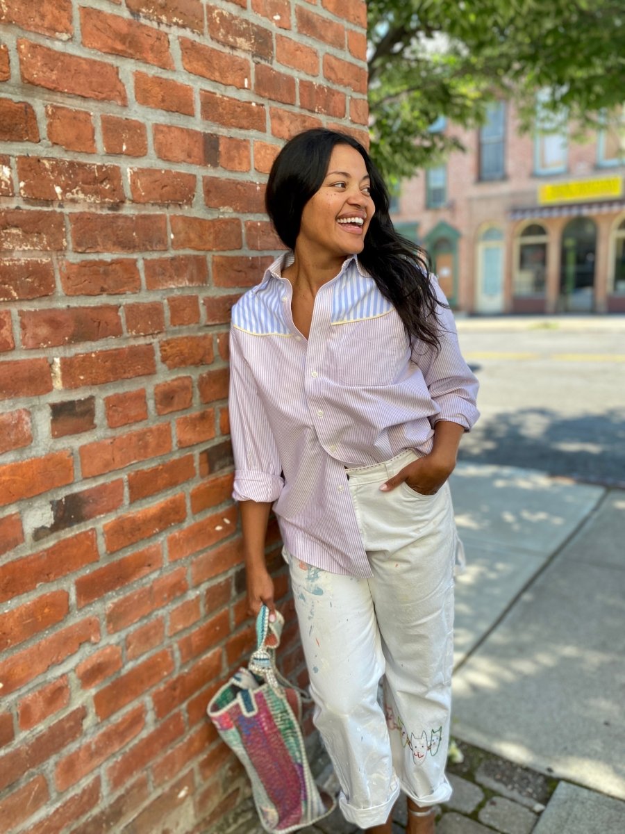 Austin Top | Red Pinstripe Button Down Top w/ Blue Pinstripe Shoulder Accent (Reworked) - Made X Hudson