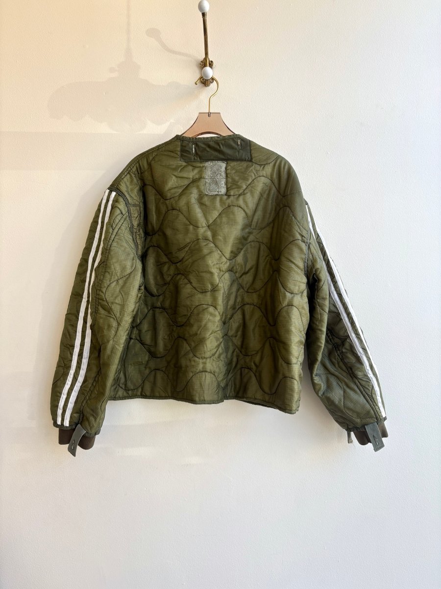 Dark Olive Green Army Liner Quilted Track Jacket w/ Cream Buttons & Reflective Striped Sleeves (Reworked) - Made X Hudson