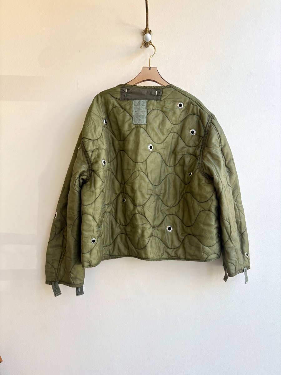 Olive Green Army Liner Quilted Coat w/ Silver Grommets, Green Patch & Clasp (Reworked) - Made X Hudson