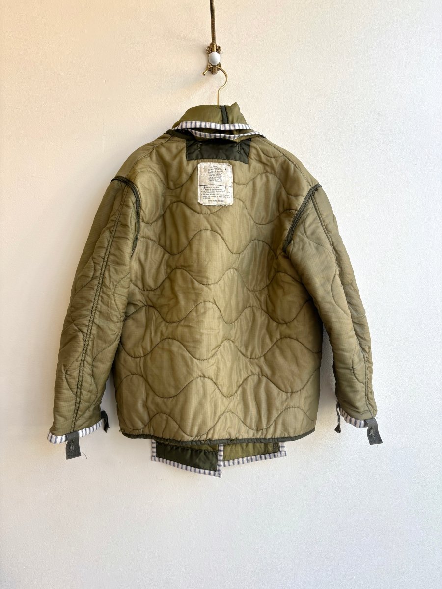 Mixed Olive Green Army Liner Quilted Coat w/ Light Olive Scarf & White Zipper (Reworked) - Made X Hudson