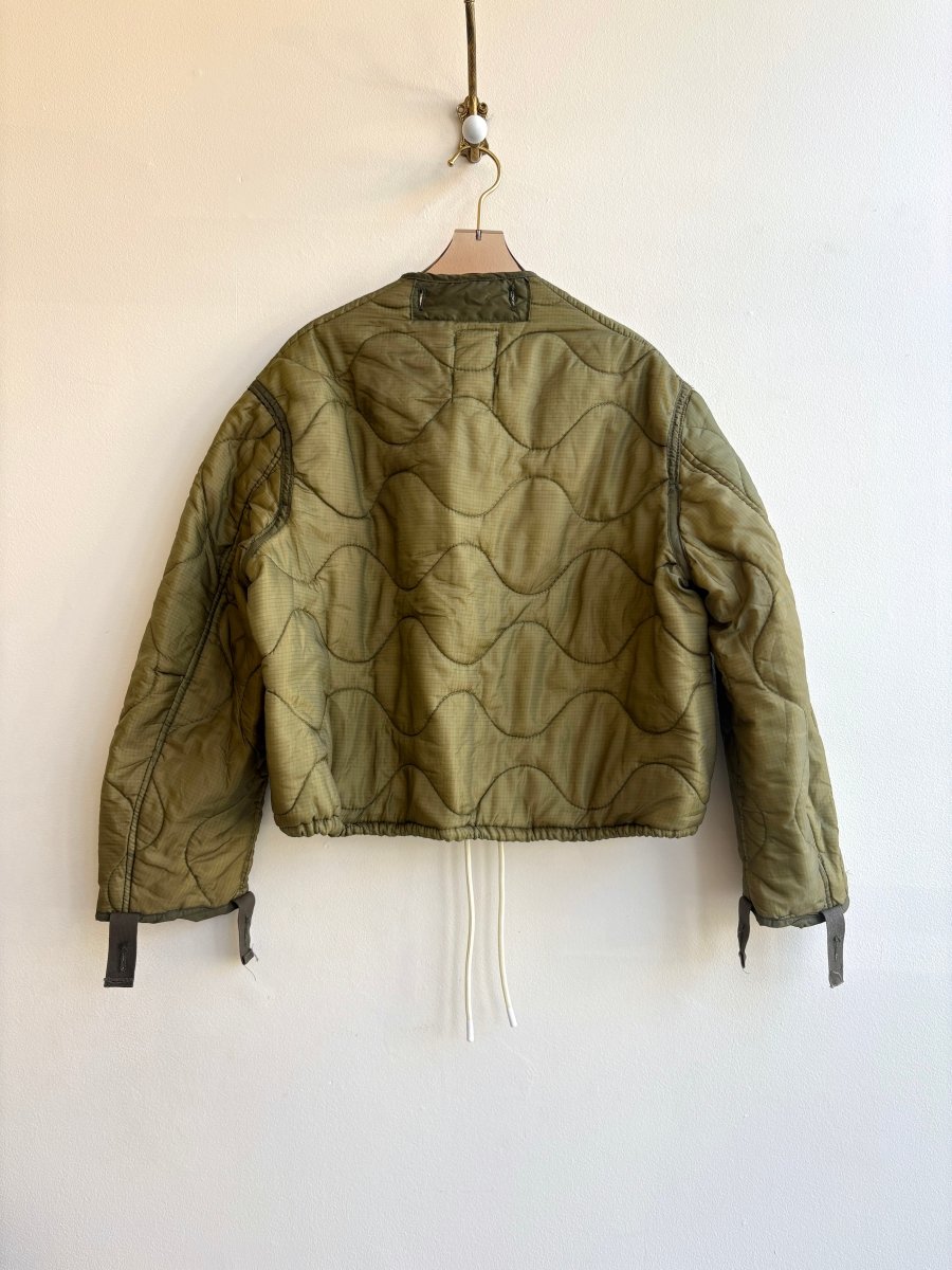 Olive Green Army Liner Quilted Coat w/ Patch Pockets & White Drawstring (Reworked) - Made X Hudson