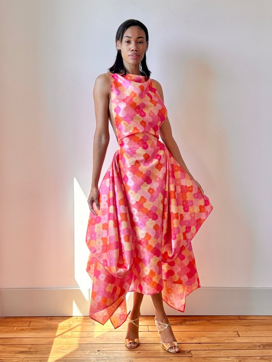 Zero - Waste Dress in Pink, Orange and Gold Metallic Floral Jacquard - Made X Hudson
