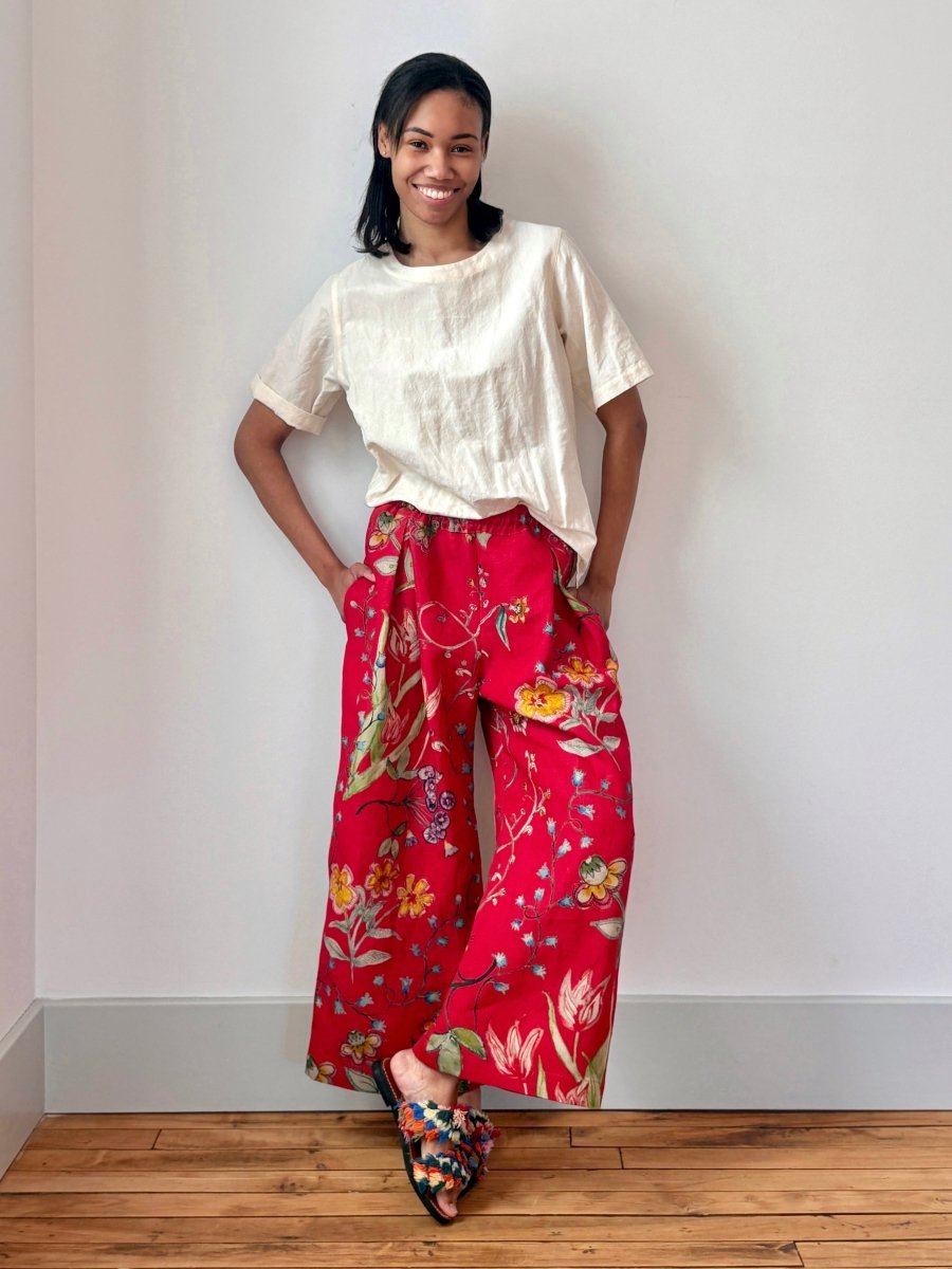 Red Floral Printed Linen Wide - Leg Pant - Made X Hudson