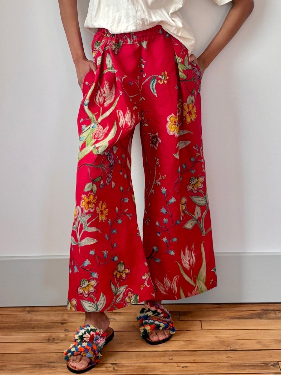 Red Floral Printed Linen Wide - Leg Pant - Made X Hudson