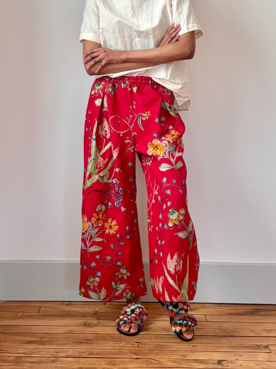 Red Floral Printed Linen Wide - Leg Pant - Made X Hudson