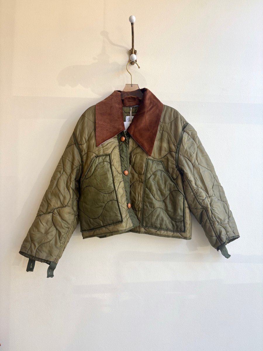 Light Olive Army Liner Quilted Coat w/ Chestnut Brown Dagger Collar & Leather Buttons (Reworked) - Made X Hudson