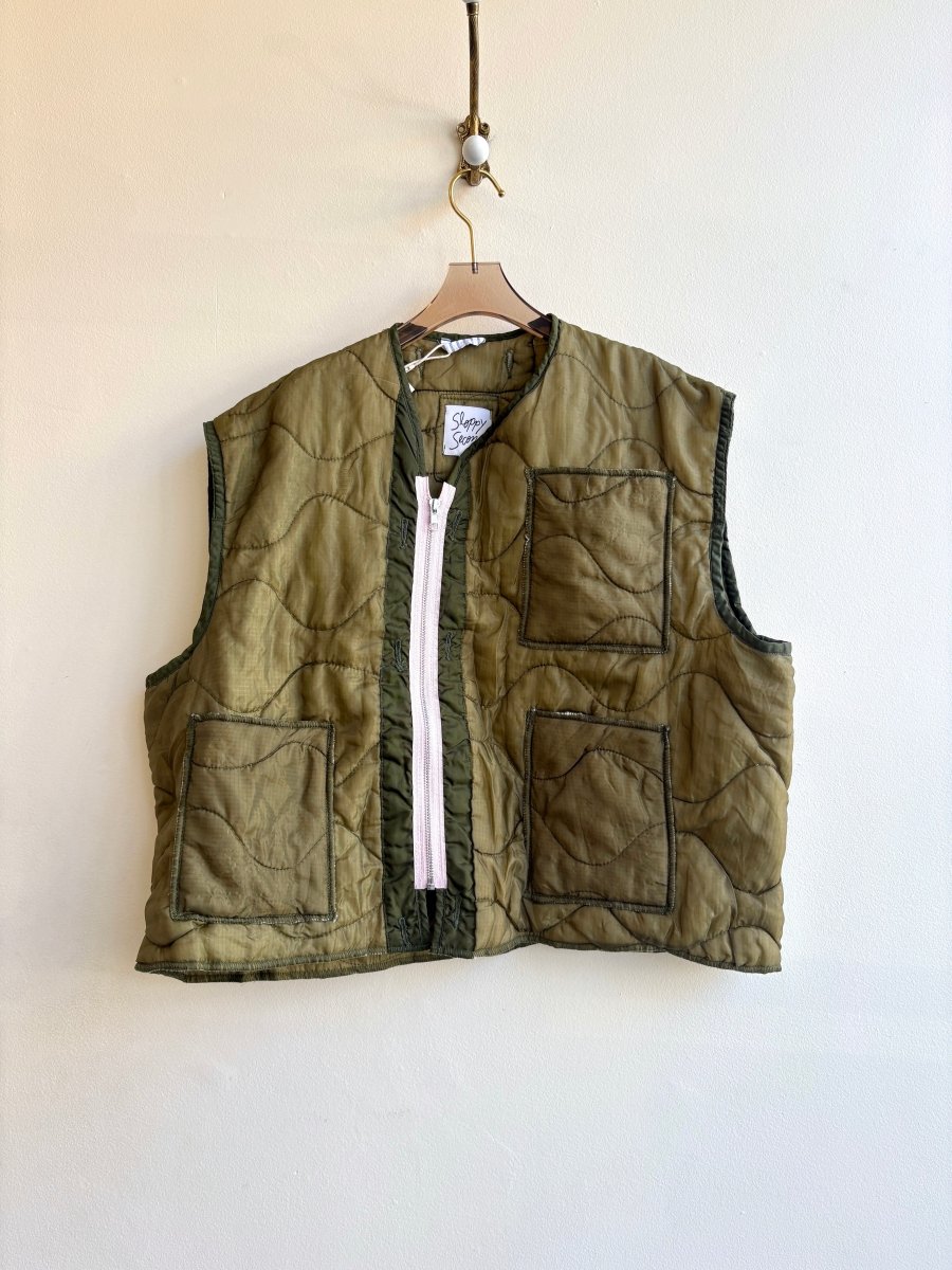 Light Olive Military Vest w/ 3 Pockets & Pink Zipper (Reworked) - Made X Hudson