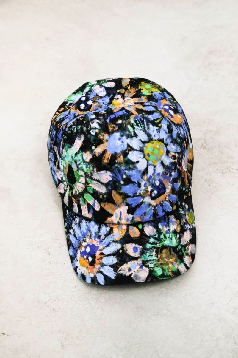 "Della" Black Baseball Cap w/ Blue and Pink Flowers | Hand Painted - Made X Hudson