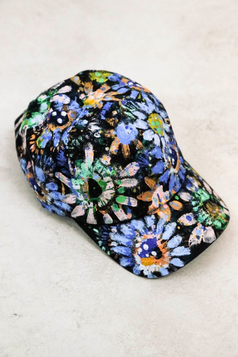 "Della" Black Baseball Cap w/ Blue and Pink Flowers | Hand Painted - Made X Hudson