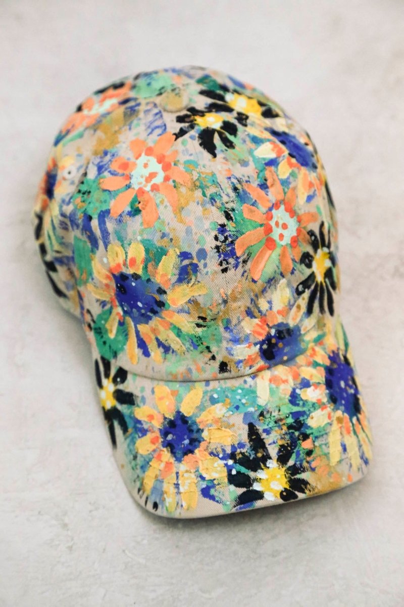 "Evie" Tan Baseball Cap w/ Blue and Pink Flowers | Hand Painted - Made X Hudson