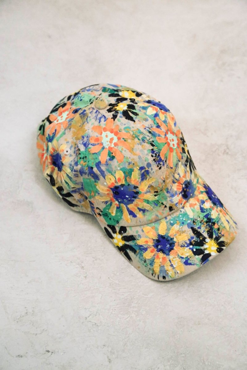 "Evie" Tan Baseball Cap w/ Blue and Pink Flowers | Hand Painted - Made X Hudson
