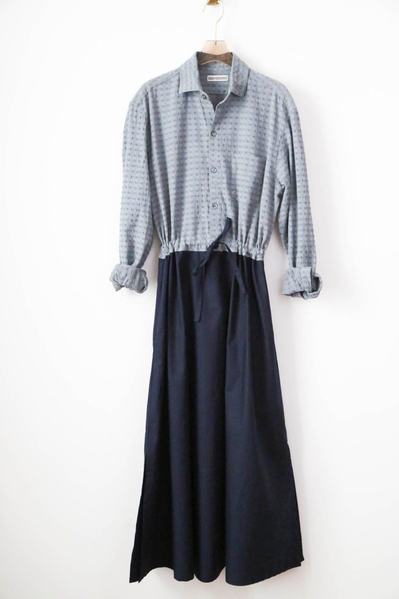 Lucius Shirt Dress in Stone Blue Woven Checker with Navy Skirt (Reworked) - Made X Hudson