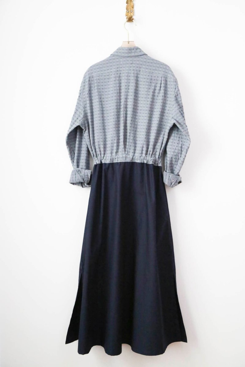 Lucius Shirt Dress in Stone Blue Woven Checker with Navy Skirt (Reworked) - Made X Hudson