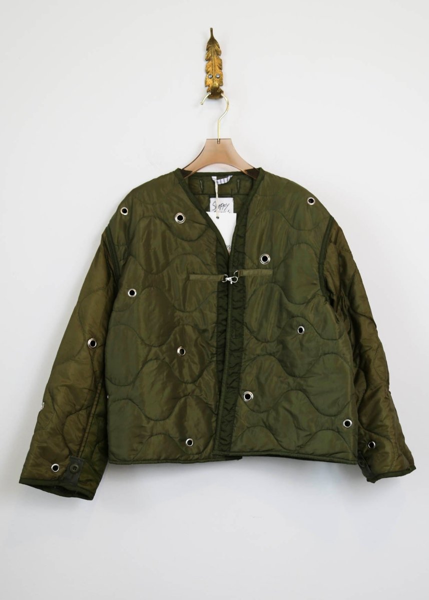 Green Army Liner Quilted Coat with Grommets & Single Silver Clasp (Reworked) - Made X Hudson