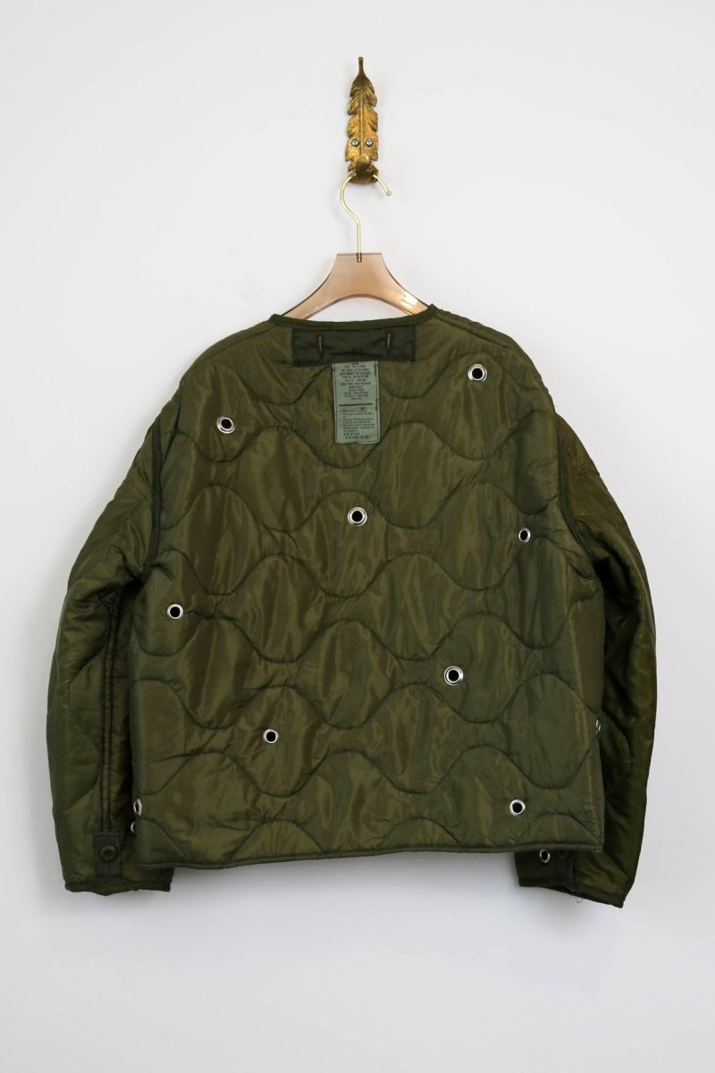 Green Army Liner Quilted Coat with Grommets & Single Silver Clasp (Reworked) - Made X Hudson