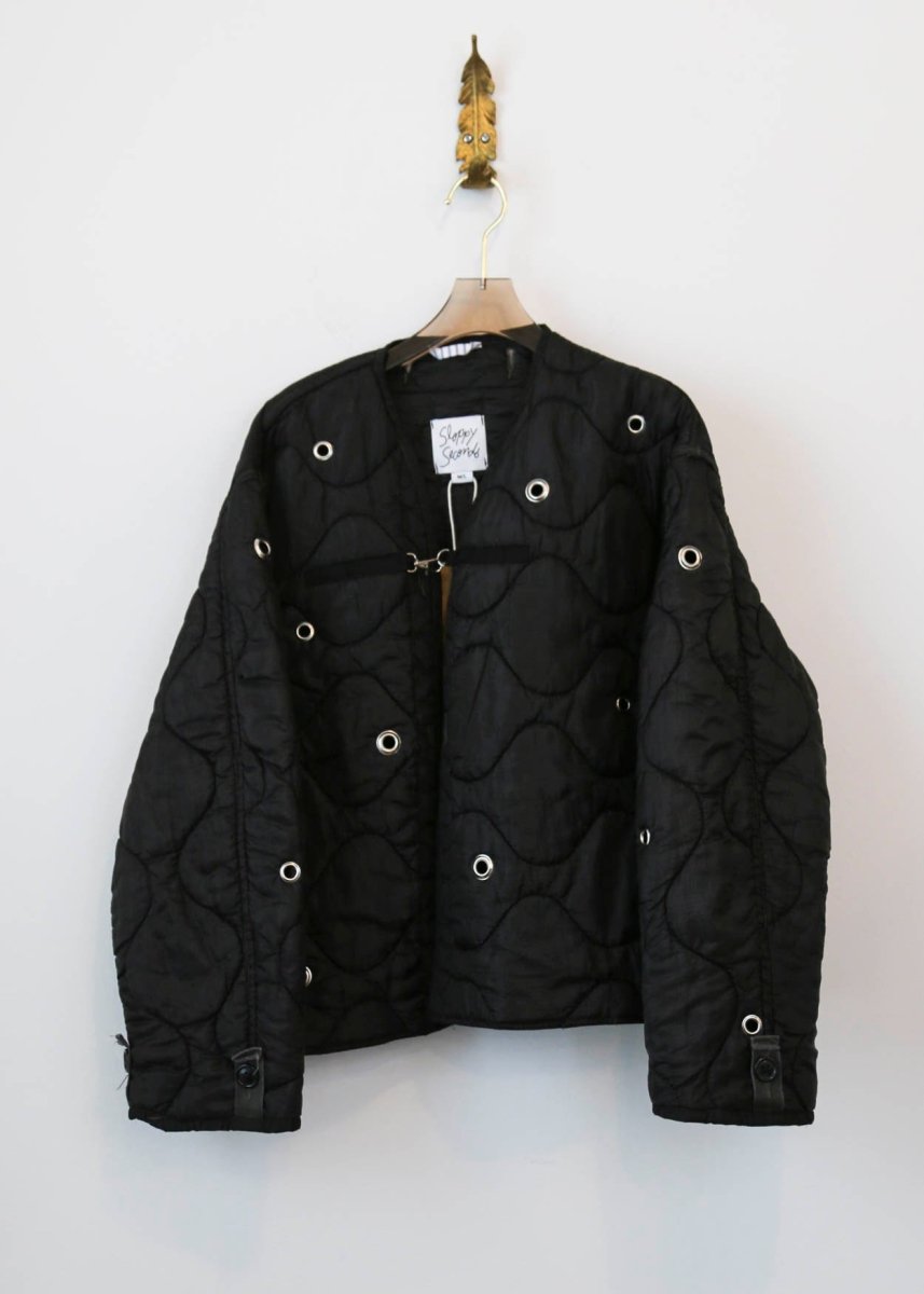 Black Army Liner Quilted Coat with Grommets & Single Silver Clasp (Reworked) - Made X Hudson