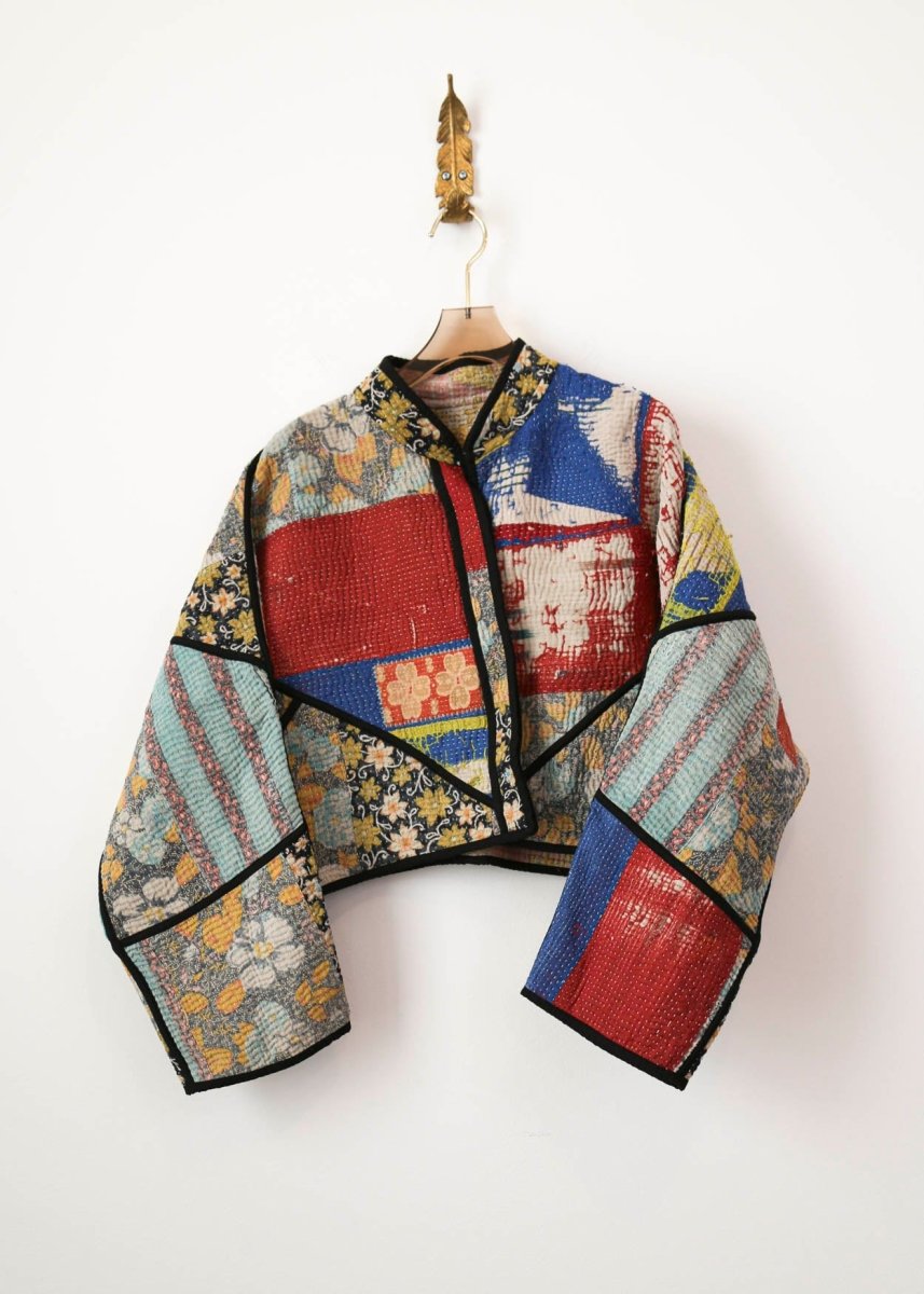 Reversible Kaira Quilted Cropped Jacket in Colors Antique Floral Patchwork & Soft Pink and Gold Flower - Made X Hudson