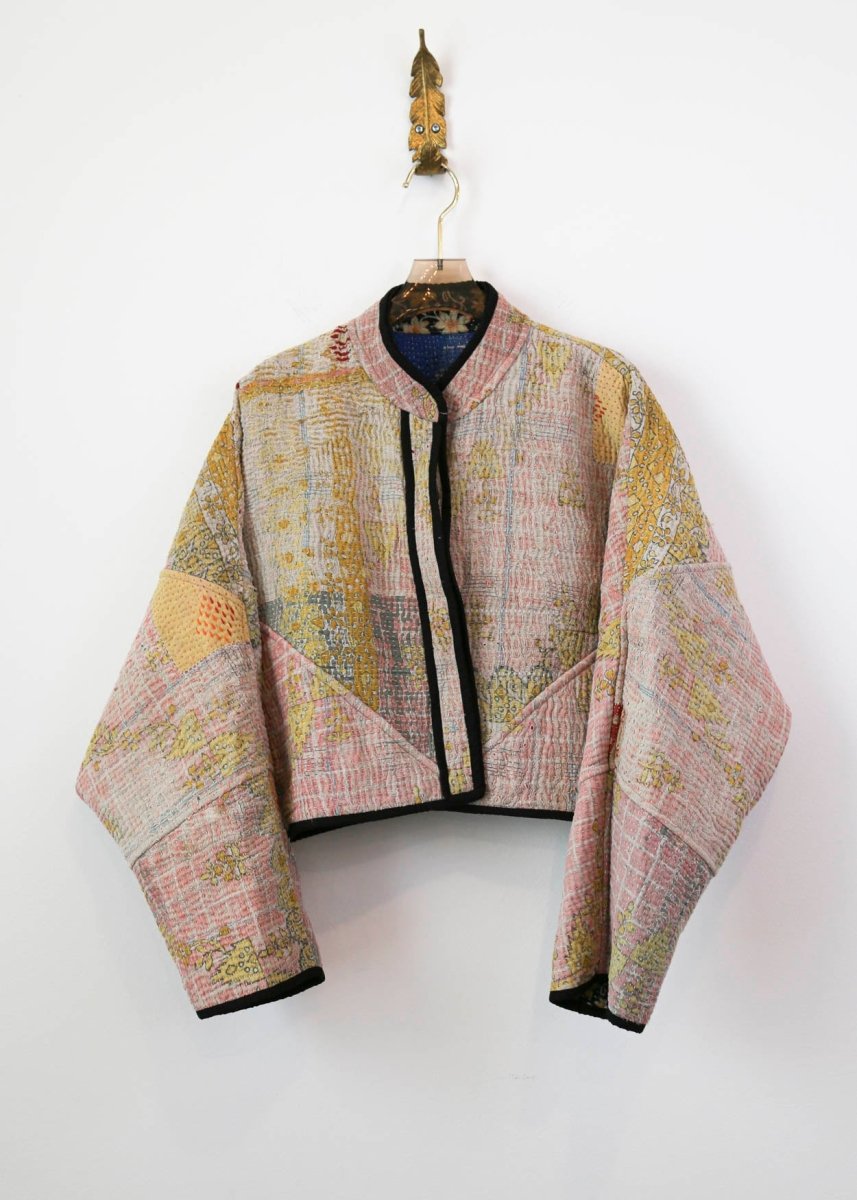 Reversible Kaira Quilted Cropped Jacket in Colors Antique Floral Patchwork & Soft Pink and Gold Flower - Made X Hudson