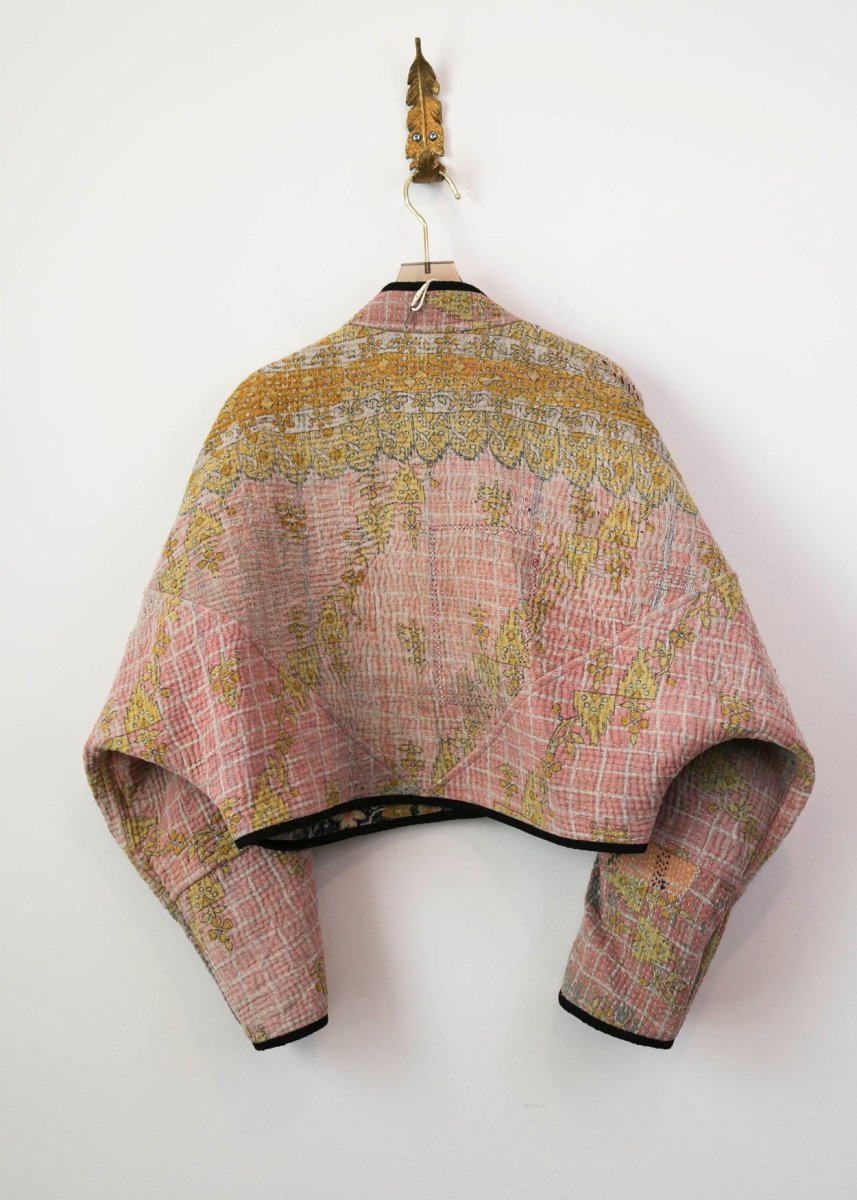 Reversible Kaira Quilted Cropped Jacket in Colors Antique Floral Patchwork & Soft Pink and Gold Flower - Made X Hudson