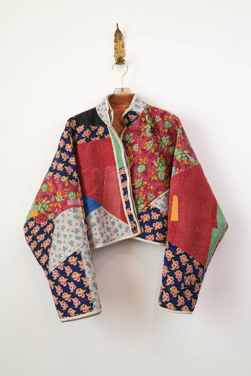 Reversible Kaira Quilted Cropped Jacket in Colors Apricot, Peach and Soft Celadon & Flower Field Patchwork - Made X Hudson