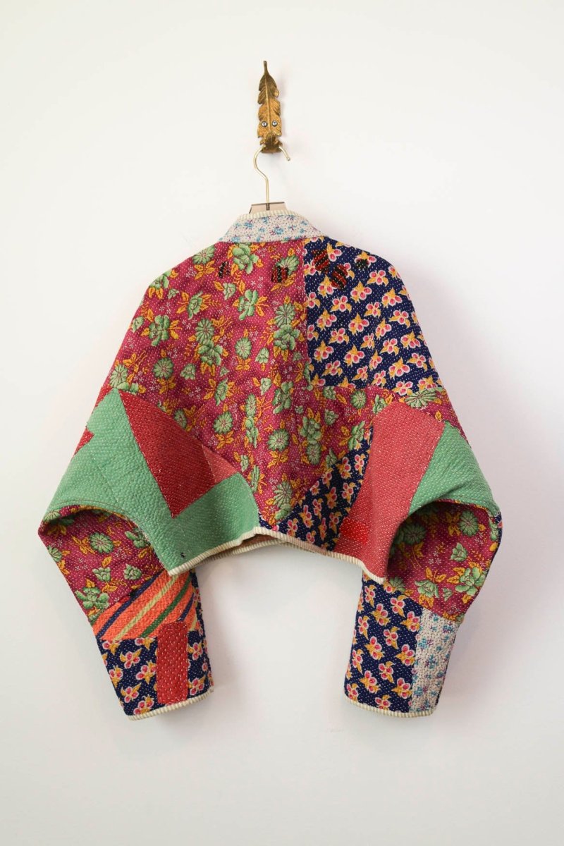 Reversible Kaira Quilted Cropped Jacket in Colors Apricot, Peach and Soft Celadon & Flower Field Patchwork - Made X Hudson