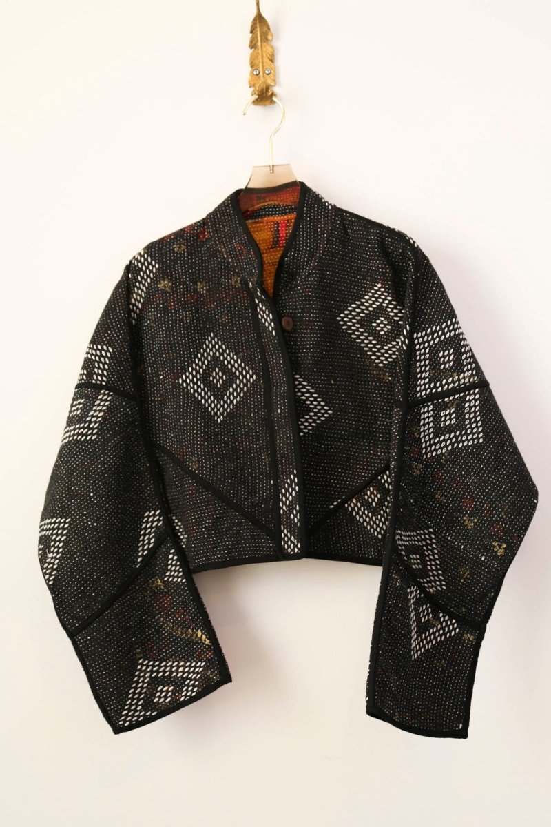 Reversible Kaira Quilted Cropped Jacket in Colors Charred Black, White, and Gold & Golden Rose Pattern - Made X Hudson