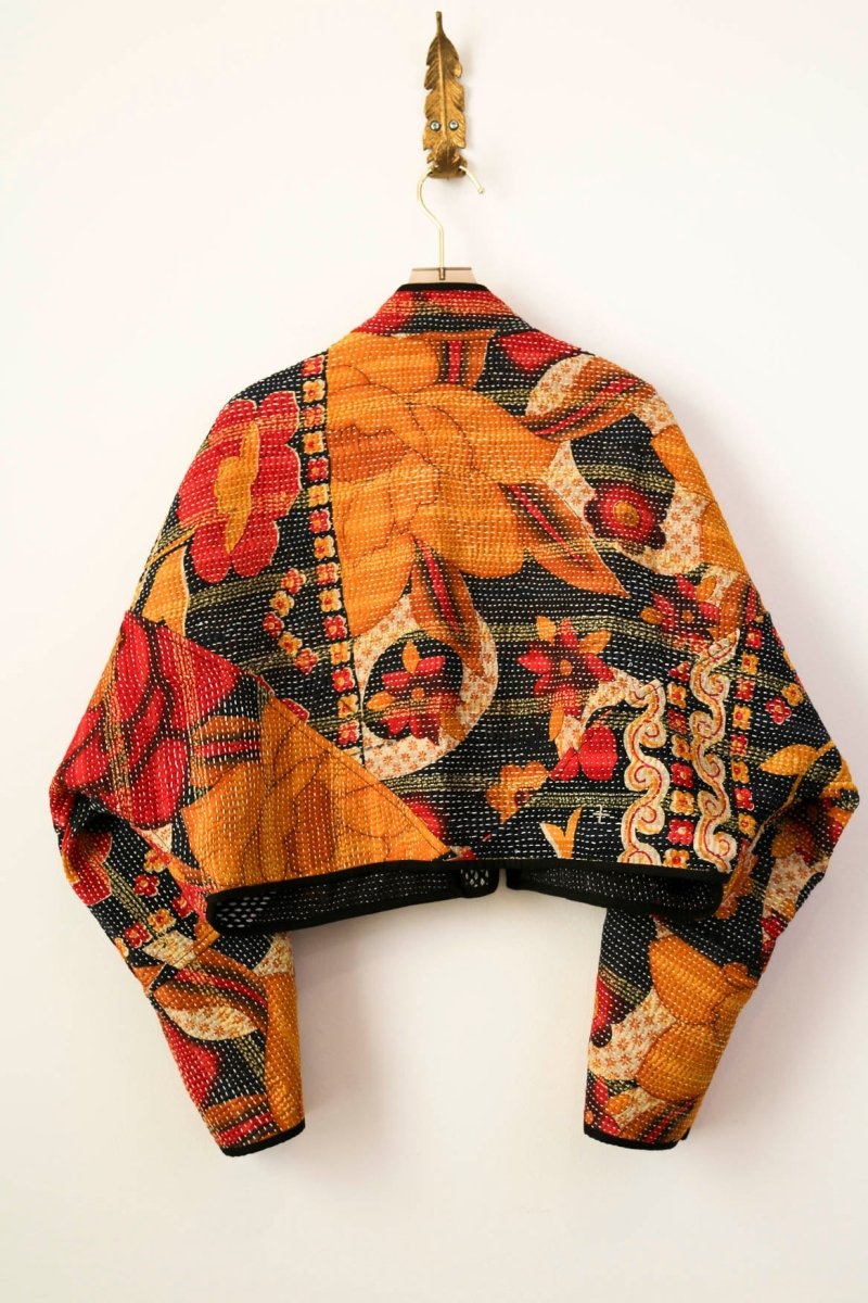 Reversible Kaira Quilted Cropped Jacket in Colors Charred Black, White, and Gold & Golden Rose Pattern - Made X Hudson