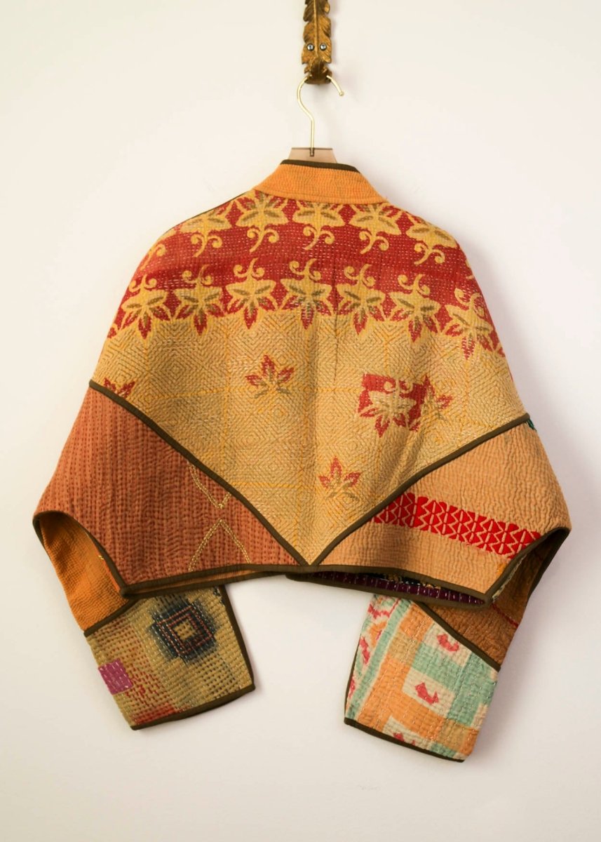 Reversible Kaira Quilted Cropped Jacket in Colors Sunrise Yellow, Clay, and Green & Wine, Orange, and Blue - Made X Hudson