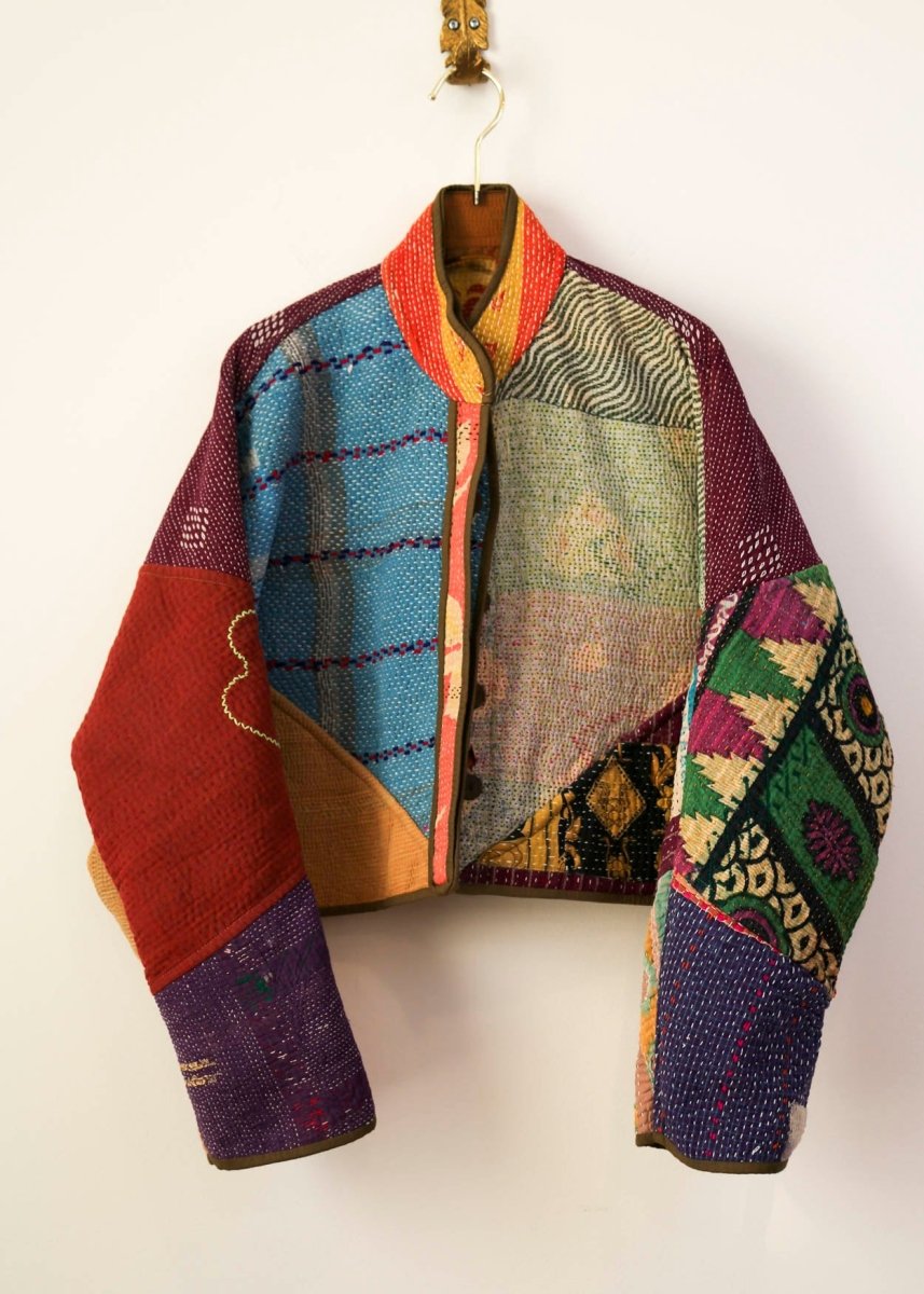 Reversible Kaira Quilted Cropped Jacket in Colors Sunrise Yellow, Clay, and Green & Wine, Orange, and Blue - Made X Hudson