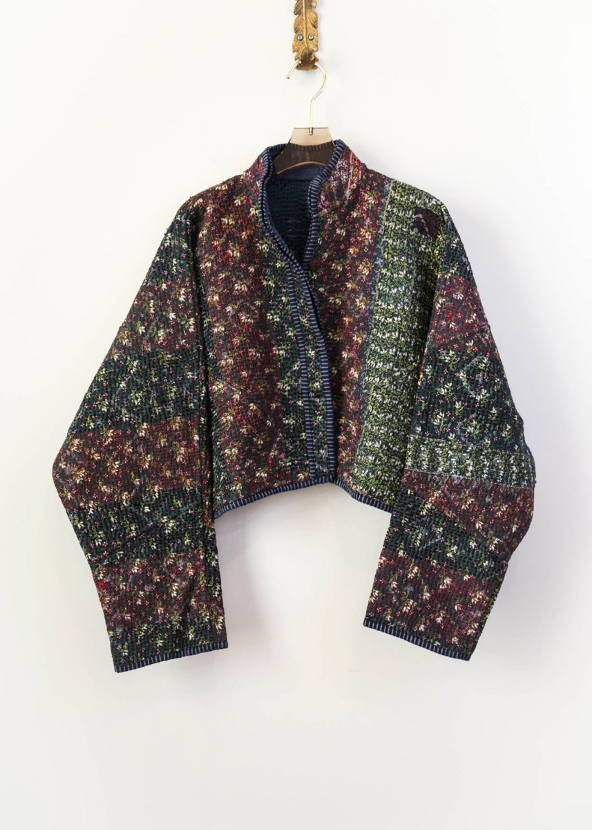 Reversible Kaira Quilted Cropped Jacket in Colors White and Grey Floral with Contrast Stitching & Midnight Blue with Red and Black - Made X Hudson
