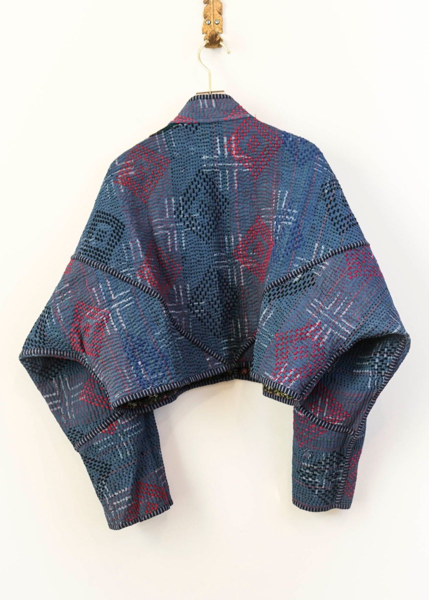 Reversible Kaira Quilted Cropped Jacket in Colors White and Grey Floral with Contrast Stitching & Midnight Blue with Red and Black - Made X Hudson