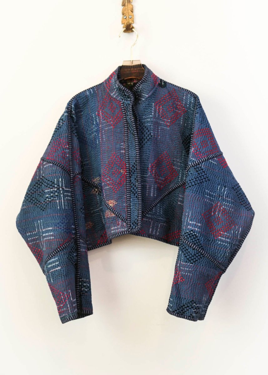 Reversible Kaira Quilted Cropped Jacket in Colors White and Grey Floral with Contrast Stitching & Midnight Blue with Red and Black - Made X Hudson