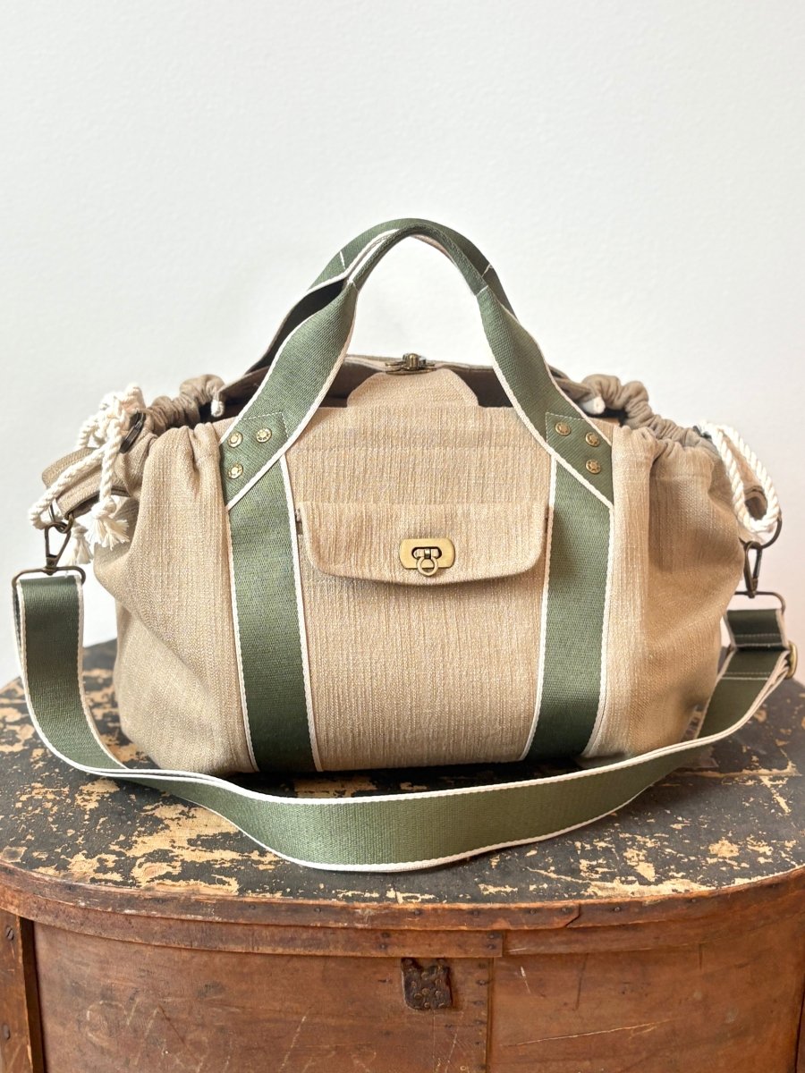 Mini Cross - Body Duffel Bag in Textured Khaki Denim with Olive and Cream Webbing - Made X Hudson