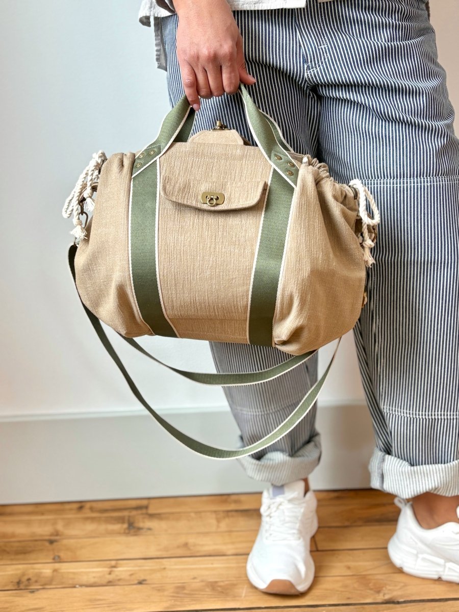 Mini Cross - Body Duffel Bag in Textured Khaki Denim with Olive and Cream Webbing - Made X Hudson