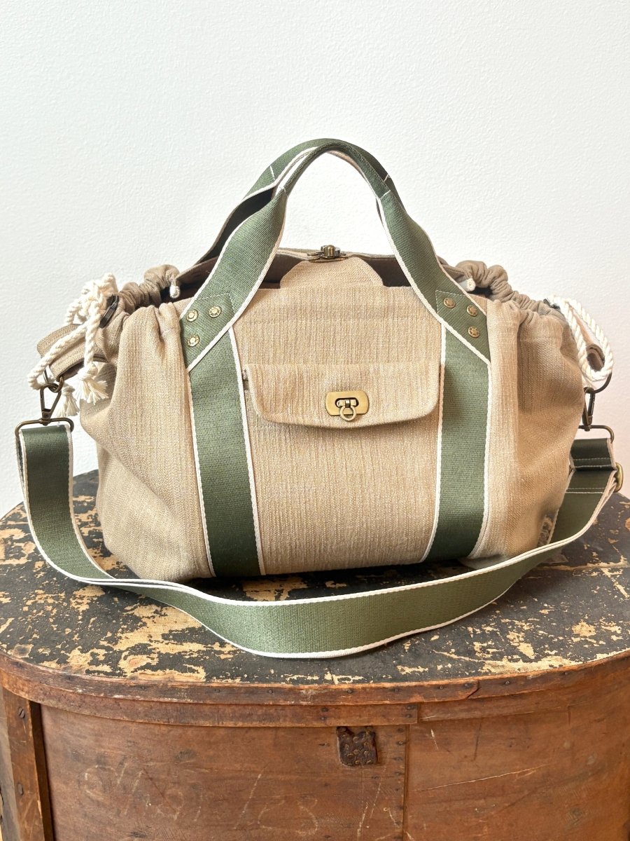 Mini Cross - Body Duffel Bag in Textured Khaki Denim with Olive and Cream Webbing - Made X Hudson