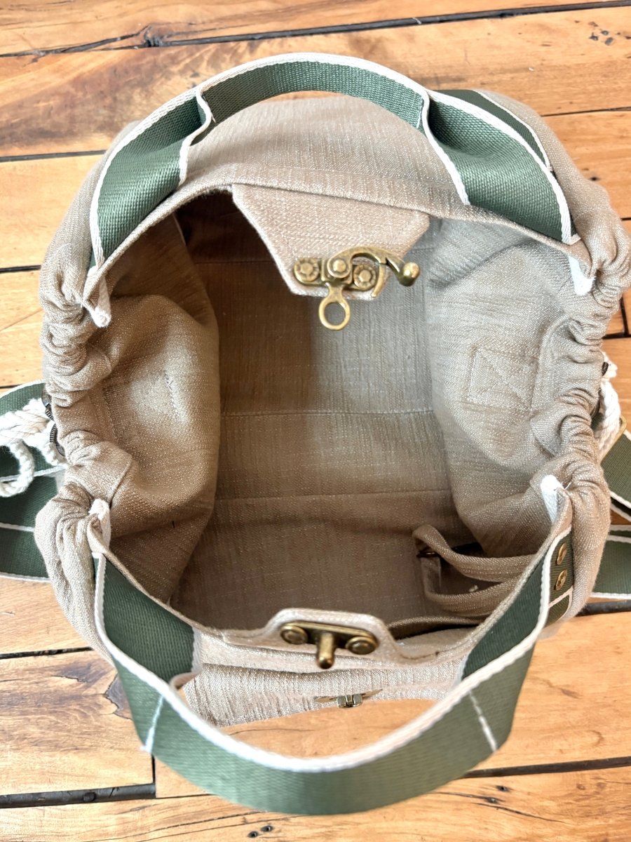 Mini Cross - Body Duffel Bag in Textured Khaki Denim with Olive and Cream Webbing - Made X Hudson
