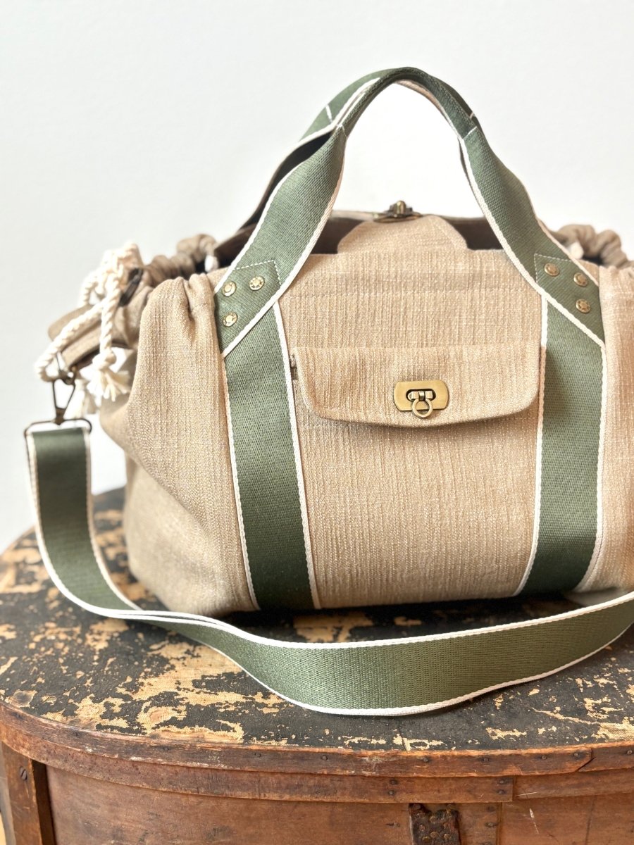 Mini Cross - Body Duffel Bag in Textured Khaki Denim with Olive and Cream Webbing - Made X Hudson
