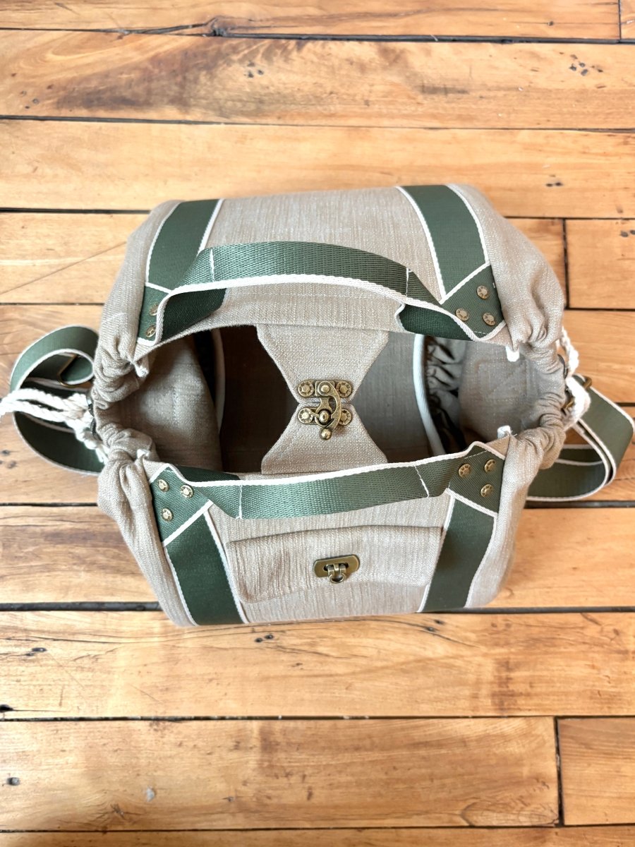 Mini Cross - Body Duffel Bag in Textured Khaki Denim with Olive and Cream Webbing - Made X Hudson