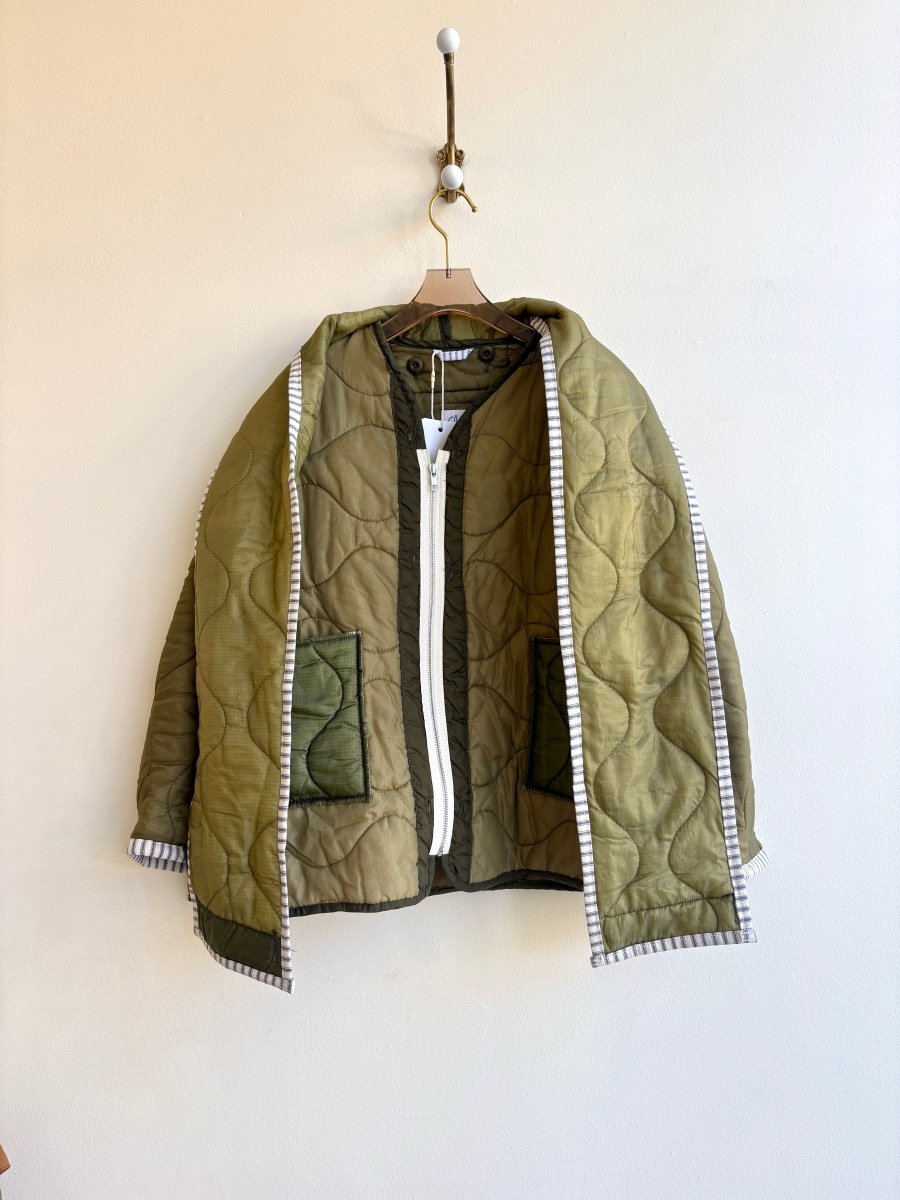 Mixed Olive Green Army Liner Quilted Coat w/ Light Olive Scarf & White Zipper (Reworked) - Made X Hudson
