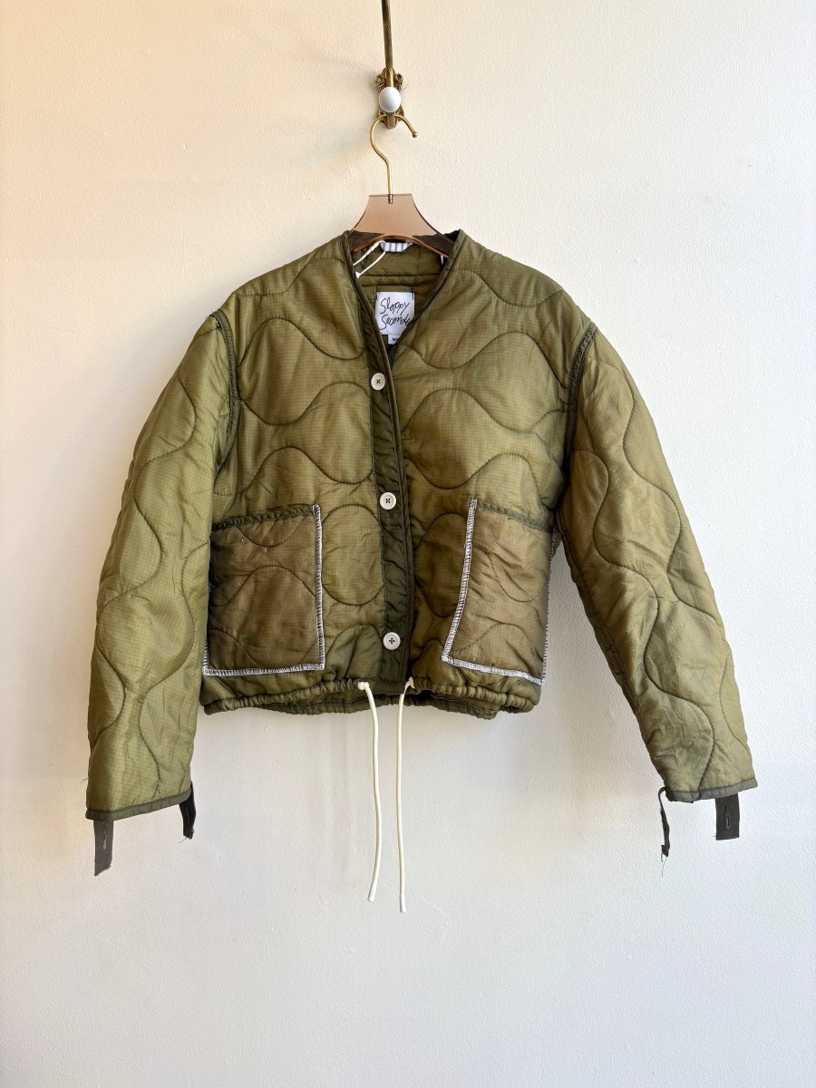 Olive Green Army Liner Quilted Coat w/ Patch Pockets & White Drawstring (Reworked) - Made X Hudson