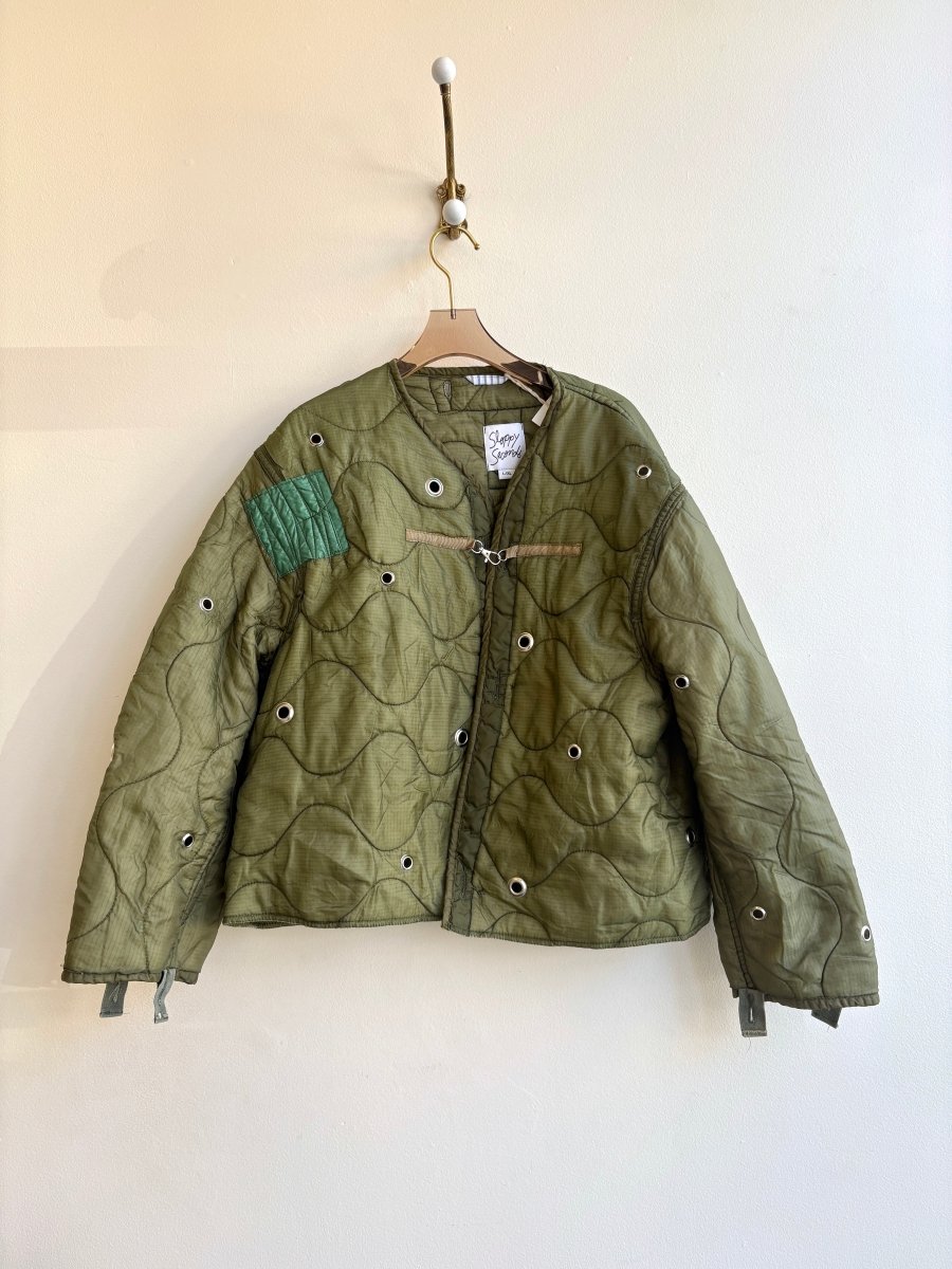 Olive Green Army Liner Quilted Coat w/ Silver Grommets, Green Patch & Clasp (Reworked) - Made X Hudson