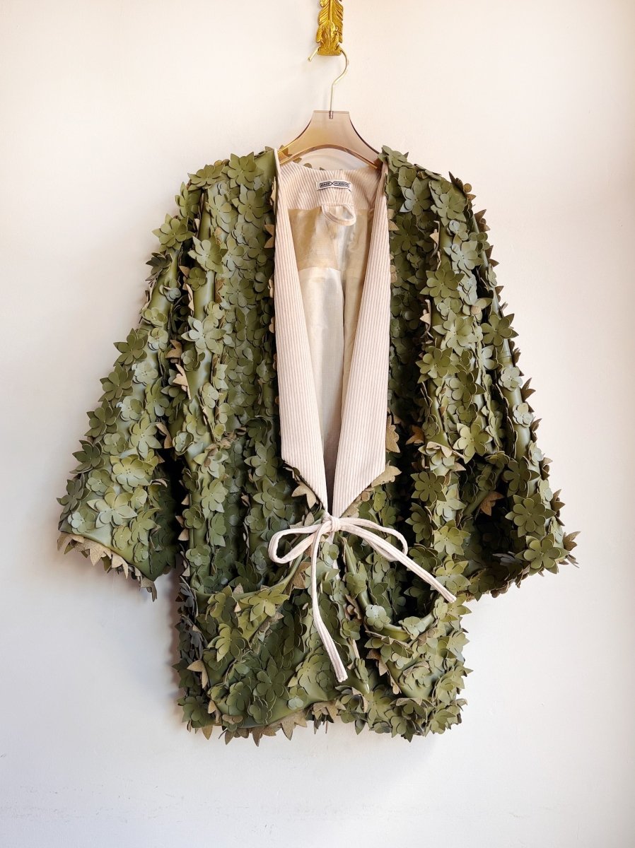 Olive Green Sculptural Floral Faux Leather Chore Jacket - Made X Hudson