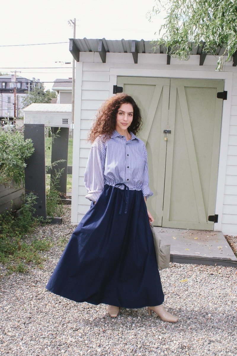 Lucius Shirt Dress in Stone Blue Woven Checker with Navy Skirt (Reworked) - Made X Hudson