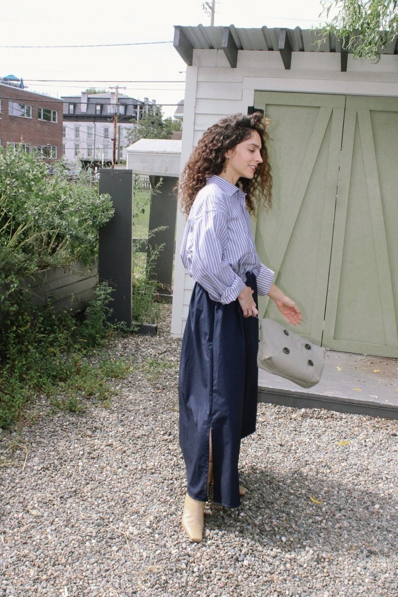 Lucius Shirt Dress in Blue and Brown Stripe with Navy Skirt (Reworked) - Made X Hudson